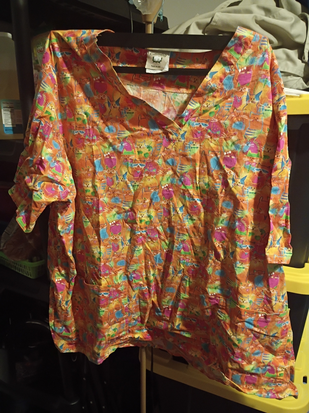 Women’s Orange Printed V-Neck Scrub Tunic Top with Multicolor Motif